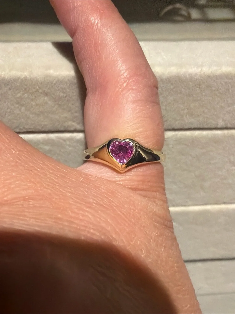 10k Yellow Gold Heart Ring with Lab Pink Sapphire